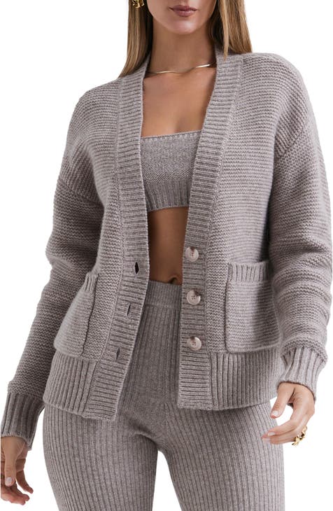 V-neck 100% Wool Cardigan Women Sweater Cashmere Knit Long-sleeved