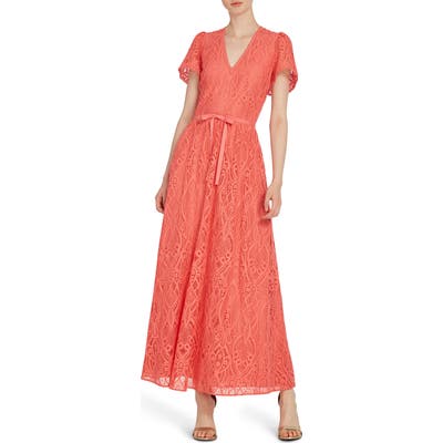 Ml Monique Lhuillier V-Neck Lace Maxi Dress, Coral