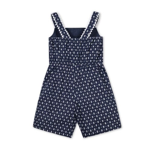 Shop Hope & Henry Girls' Scallop Trim Button Front Linen Romper, Infant In Navy Riviera Print