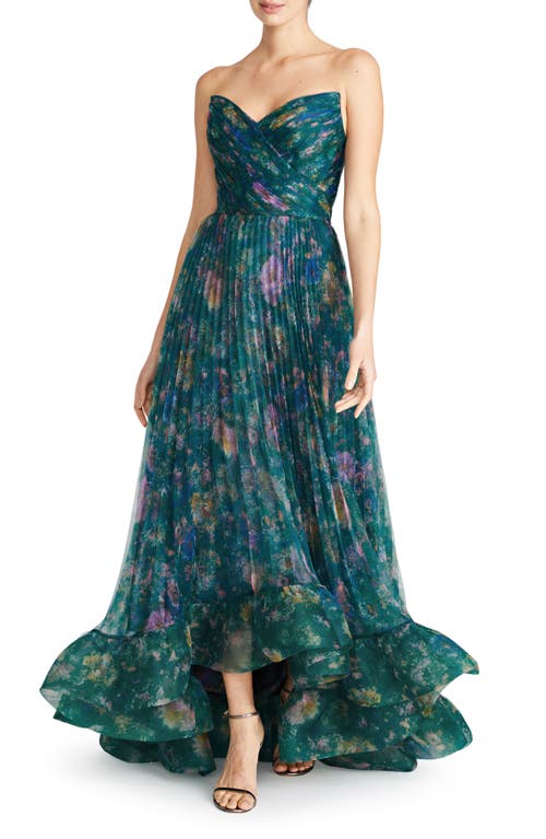 Theia Moira Floral Pleated Strapless High-Low Gown in Stippled Meadow at Nordstrom, Size 10