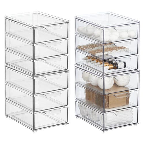 Mdesign Plastic 3 Drawer Stackable Organizer For Bathroom Storage, 4 Pack In Clear