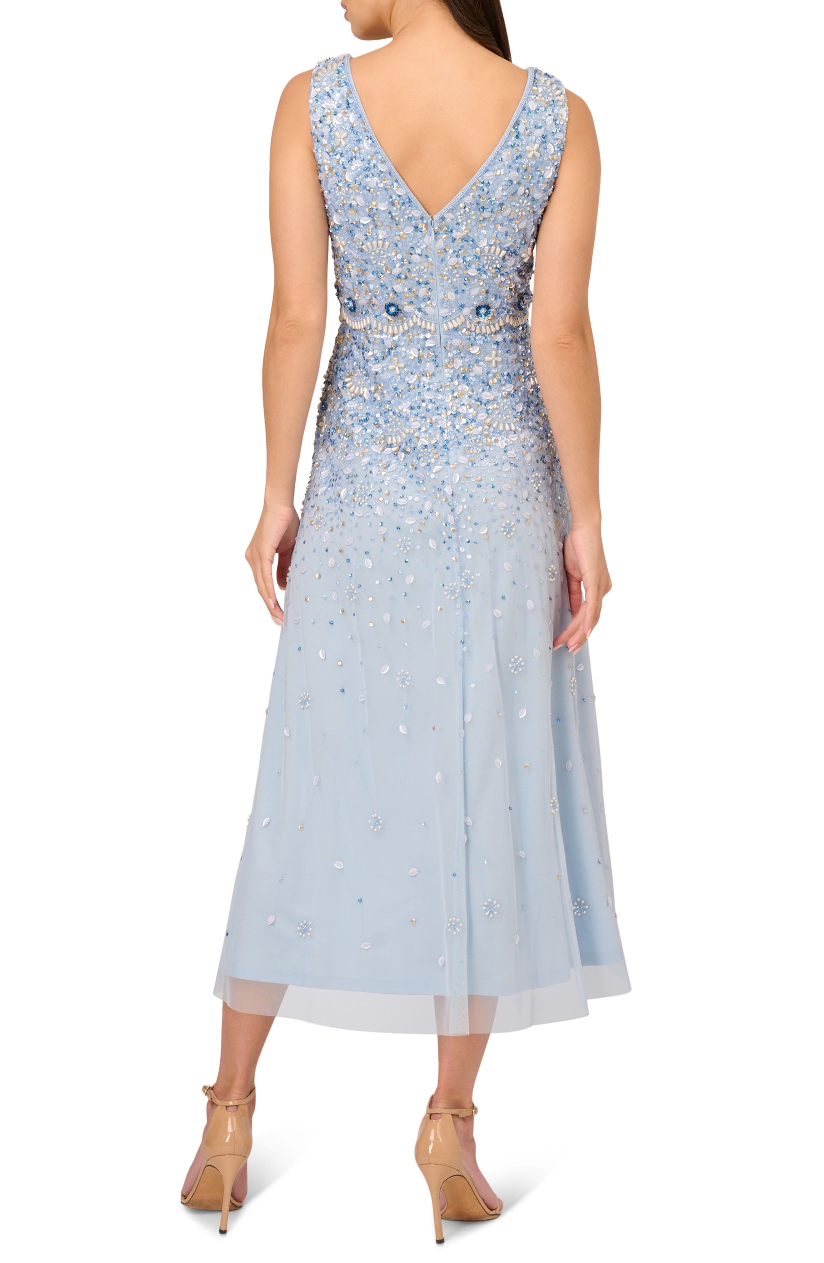 Adrianna Papell Sequin Bead Detail Cocktail Dress in Elegant Sky