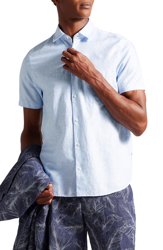 Shop Ted Baker London Short Sleeve Linen & Cotton Button-up Shirt In Light Blue