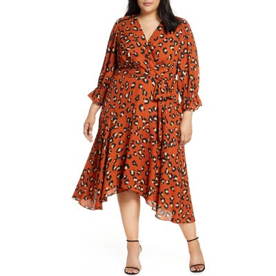 Plus Size Tahari Faux Wrap Midi Dress, Orange