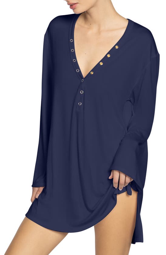 Shop Robin Piccone Amy Long Sleeve Cover-up Tunic In Navy