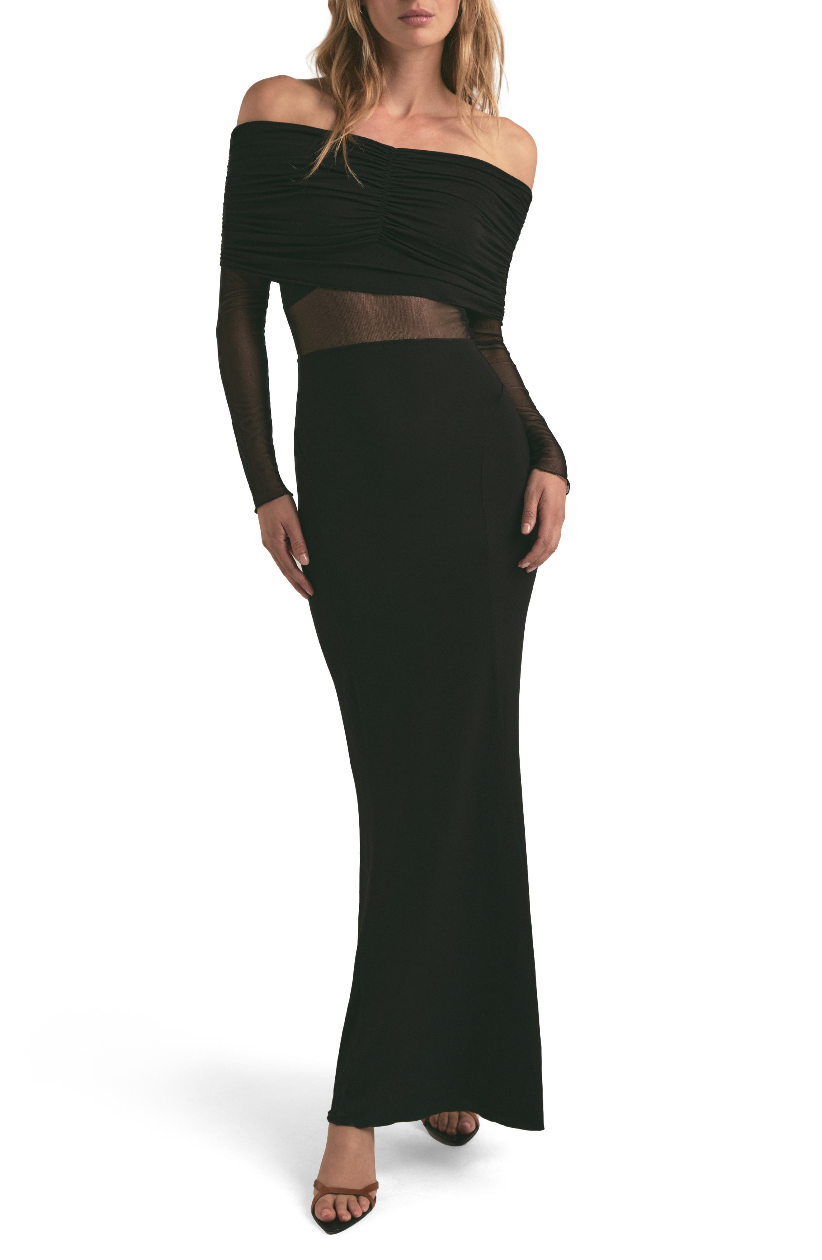 Favorite Daughter The New Era Off The Shoulder Long Sleeve Jersey Maxi Dress  In Black | ModeSens