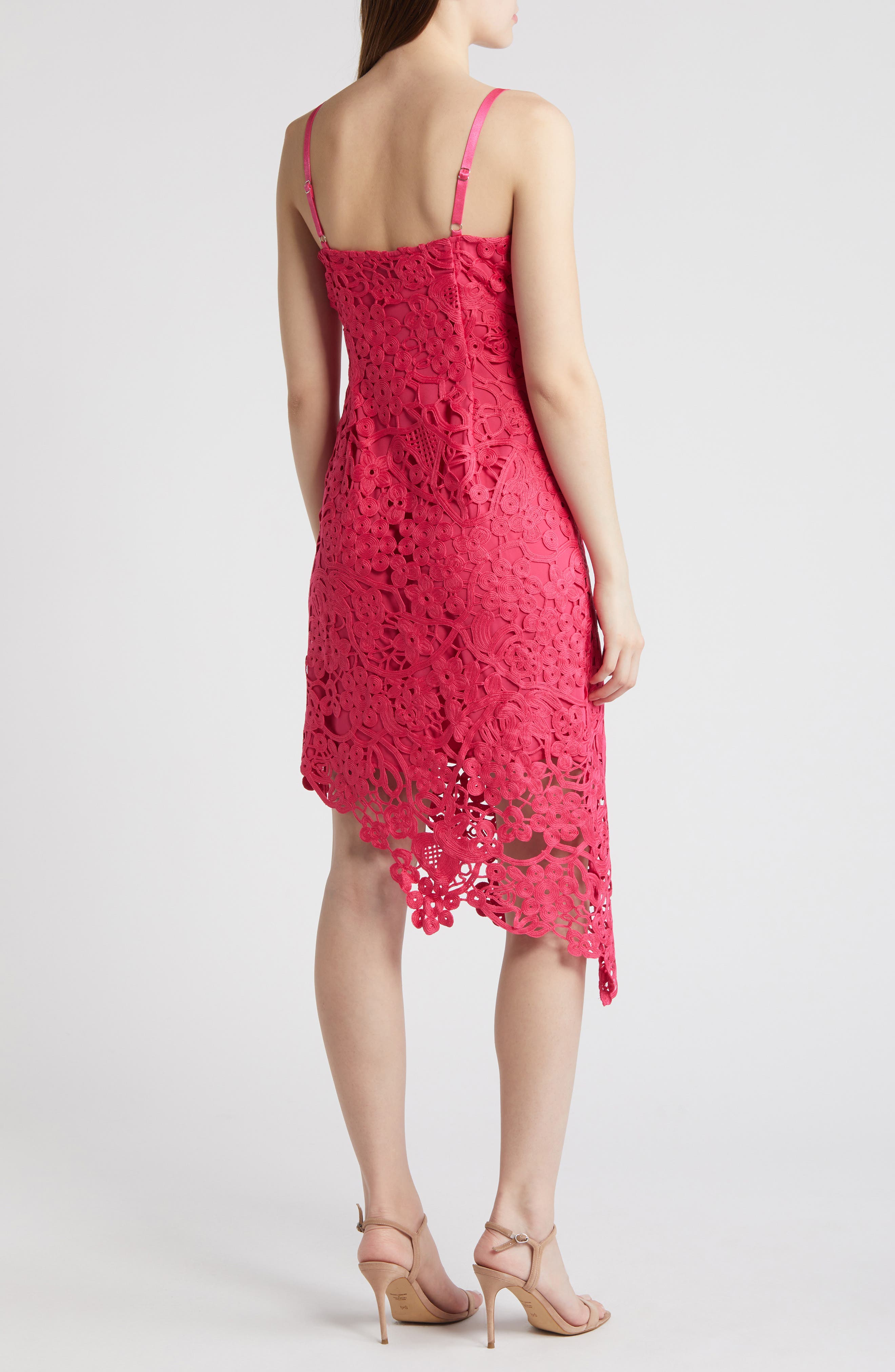 Adelyn Rae Monica Open-Stitch Lace Asymmetric Hem Dress in Hot Pink | Smart Closet Adelyn Rae Monica Open-Stitch Lace Asymmetric Hem Dress in Hot Pink | Smart Closet