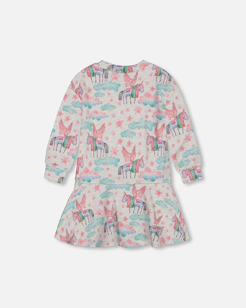 Shop Deux Par Deux Girl's Printed Shiny French Terry Dress Gray Mix Printed Unicorn In Printed Angel Unicorns