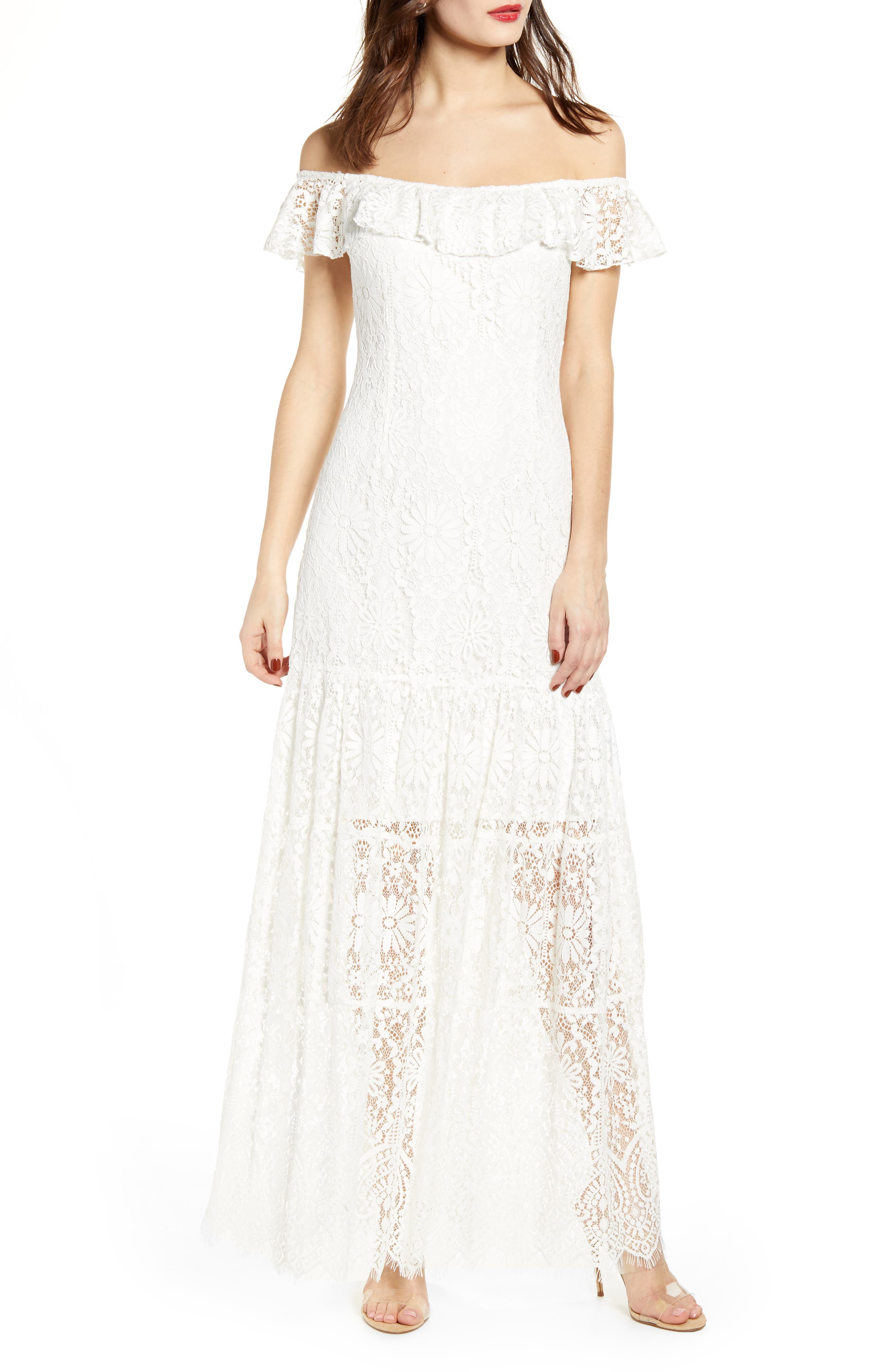 Wayf Odette Off The Shoulder Lace Dress, Ivory
