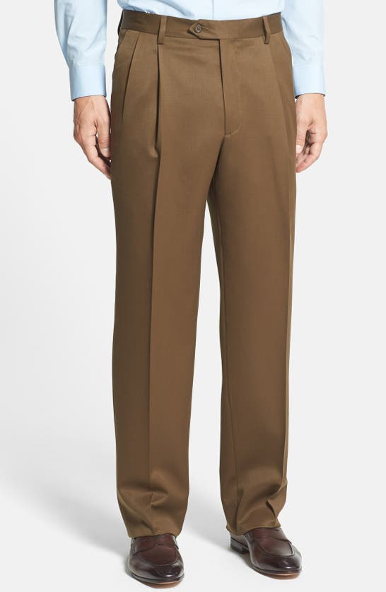 BERLE BERLE PLEATED CLASSIC FIT WOOL GABARDINE DRESS PANTS