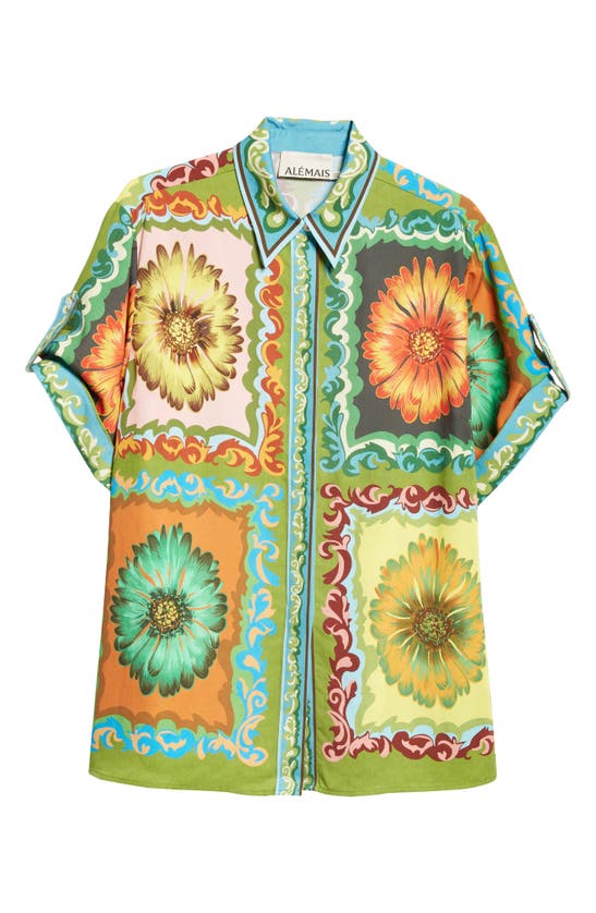 Shop Alemais Disco Daisy Short Sleeve Button-up Shirt In Green Multi