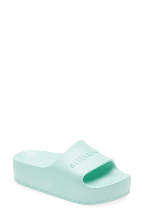 Balenciaga Logo Platform Slide Sandal In Green Aqua