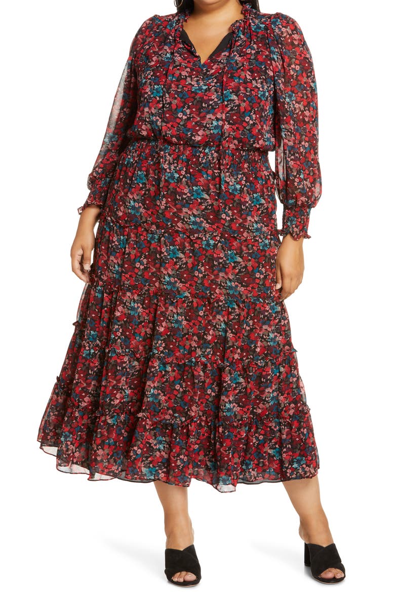 VINCE CAMUTO Autumn Floral Print Tiered Long Sleeve Maxi Dress, Main, color, CHERRY RED