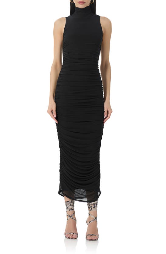 Shop Afrm Fiorella Ruched Turtleneck Mesh Dress In Noir