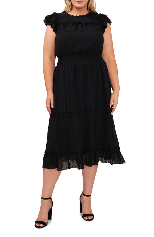 CeCe Clip Dot Ruffle Tiered Midi Dress in Rich Black at Nordstrom, Size 2X