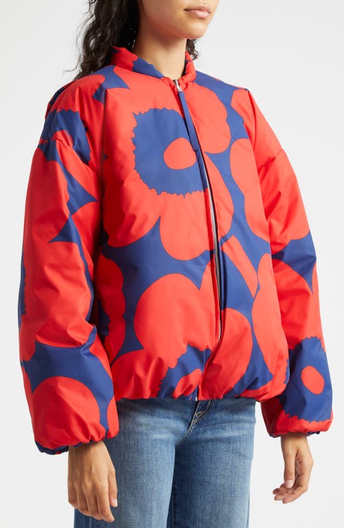 Shop Marimekko Unikko Lightweight Padded Bomber Jacket In Red Blue