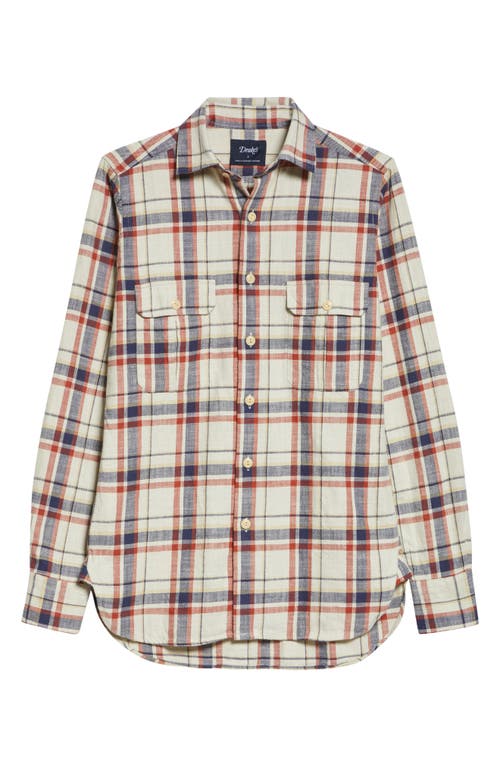 Check Slub Cotton Button-Up Work Shirt in Ecru Navy And Red