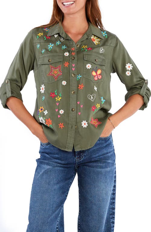 Billy T Sketchbook Embroidered Denim Shirt In Soft Olive