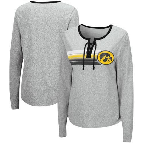 Women's Colosseum Heathered Gray Iowa Hawkeyes Sundial Tri-Blend Long Sleeve Lace-Up T-Shirt in Heather Gray