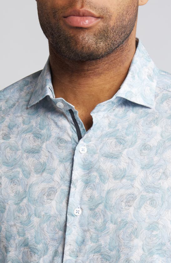 Shop Stone Rose Floral Stretch Button-up Shirt In Aqua