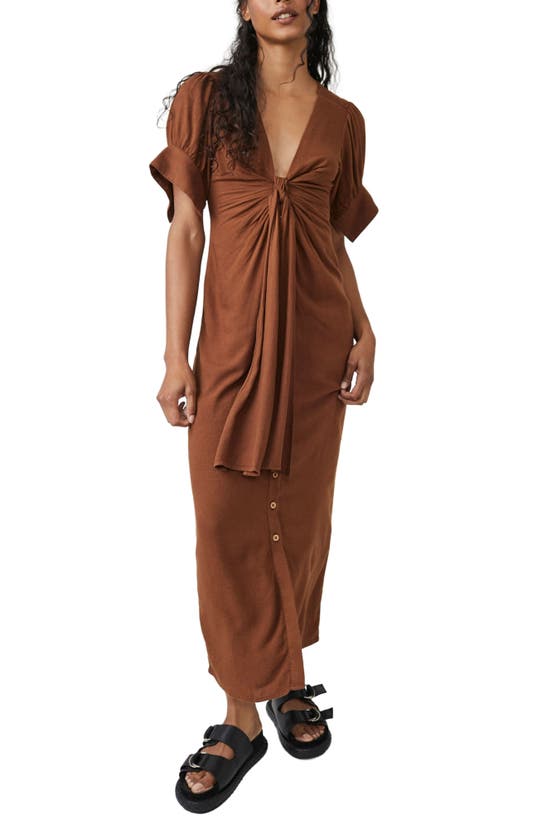 Free People Summer Tie Front Maxi Shirtdress In Chocolate Swirl