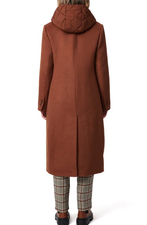 Bernardo Long Coat With Hooded Quilted Bib In Tobacco