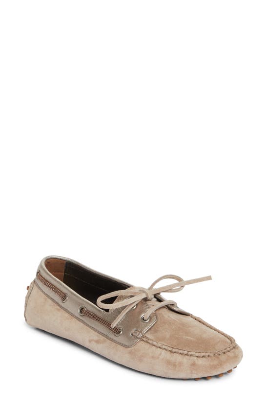 Shop Brunello Cucinelli Monili Trim Metallic Leather & Suede Driving Shoe In Light Brown