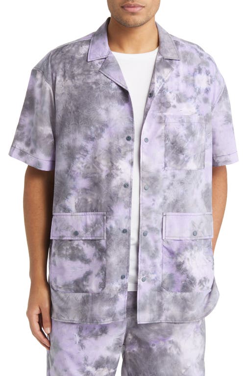 Open Edit Tie Dye Short Sleeve Snap-Up Camp Shirt in Purple Paisley Tiedye Ripstop