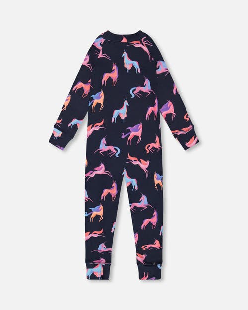 Deux Par Deux Baby Girl's One Piece Thermal Underwear Navy Printed Unicorn In Printed Unicorns