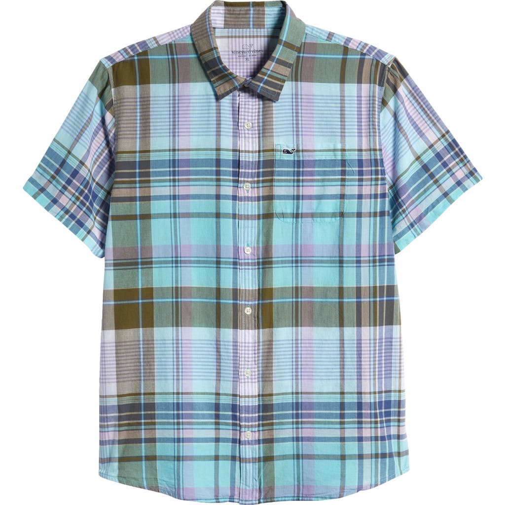 Vineyard Vines Kids' Madras Short Sleeve Cotton Button-up Shirt In Andros Blue Madras