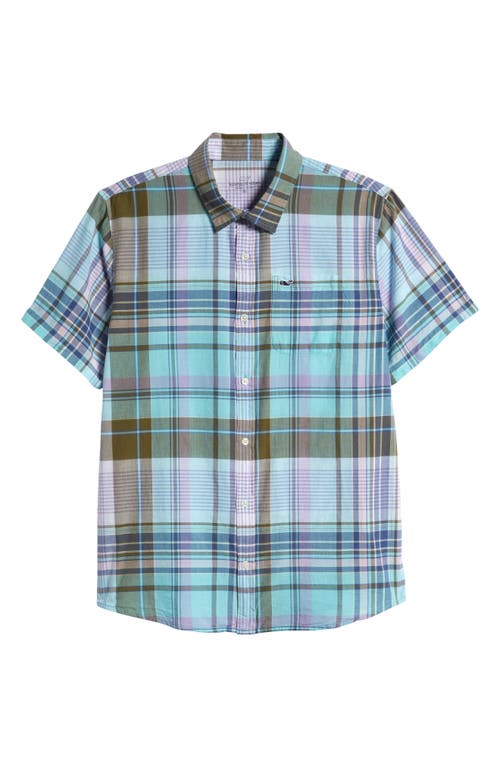 vineyard vines Kids' Madras Short Sleeve Cotton Button-Up Shirt Andros Blue at