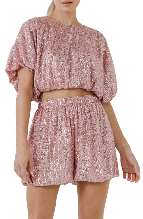 Endless Rose Sequin Puff Crop Top In Pink