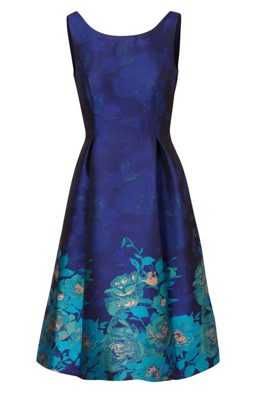 Shop Adrianna Papell Border Jacquard Pleated Sleeveless Fit & Flare Dress In Blue Teal Multi