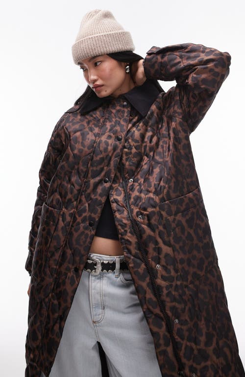 Shop Topshop Leopard Print Quilted Coat In Brown Multi