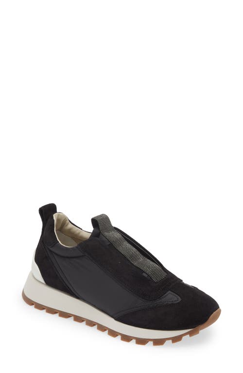 Brunello Cucinelli Monili Suede & Nylon Slip-On Sneaker in C101 Black
