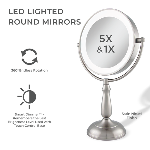 Zadro Lighted Makeup Mirror With 5x/1x Magnification & Touch Base Controls In Satin Nickel