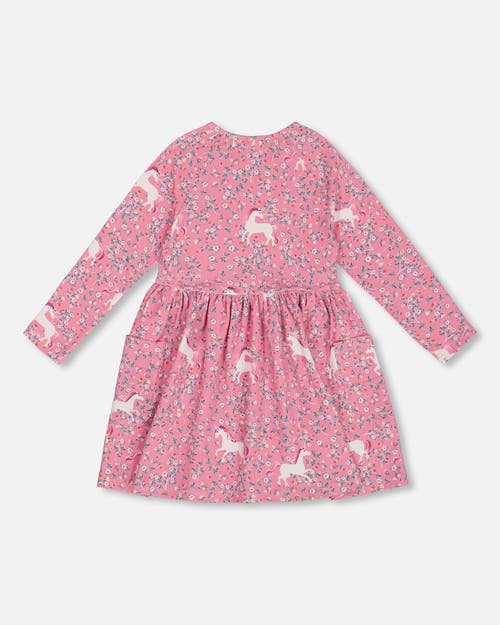 Shop Deux Par Deux Little Girl's Printed Unicorn Dress With Pockets Pink In Printed Unicorns