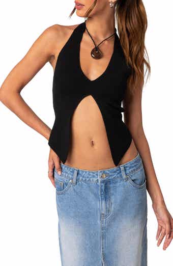 Villanie Halter Neck Vest - Shirred Back Halter Top in Black