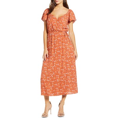 All In Favor Faux Wrap Floral Tea Length Dress, Orange