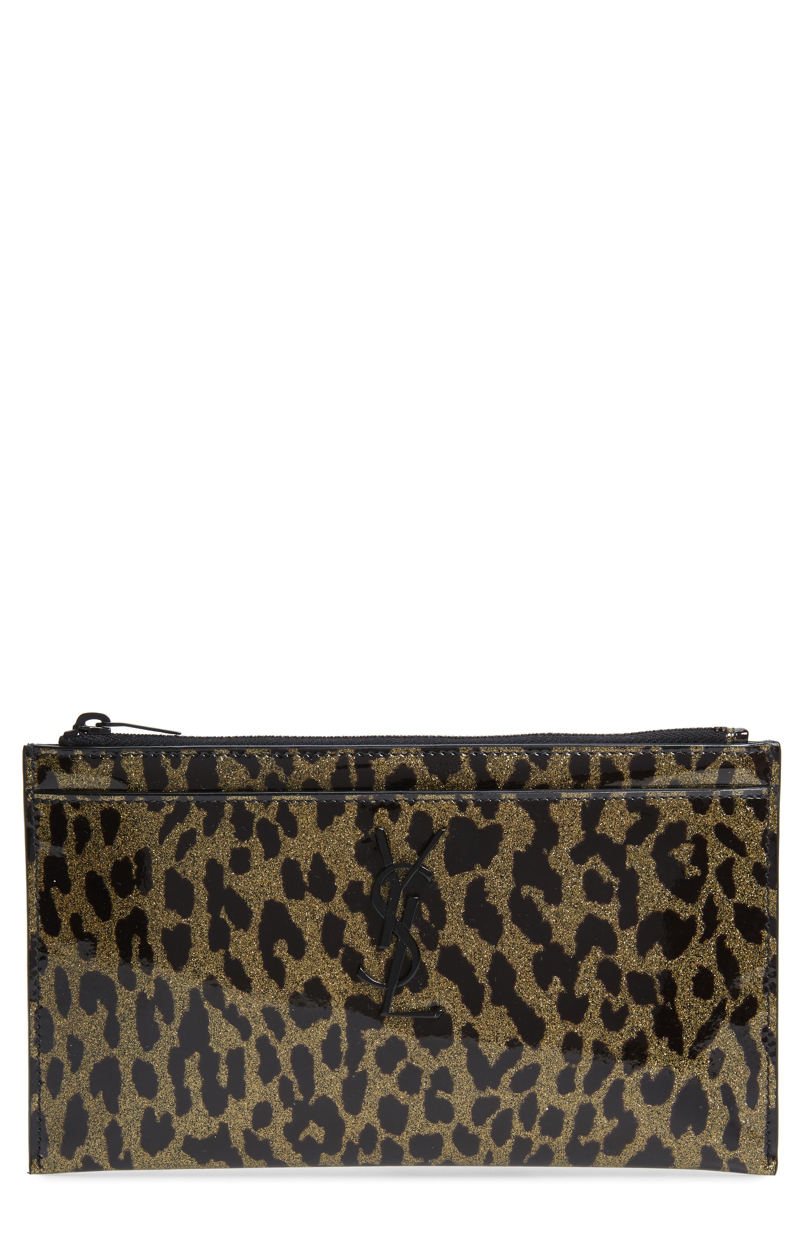 Saint Laurent Clutch Metallic Leopard Print Leather Pouch