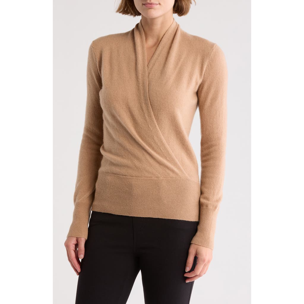 Sofia Cashmere Cashmere Faux Wrap Sweater In Camel