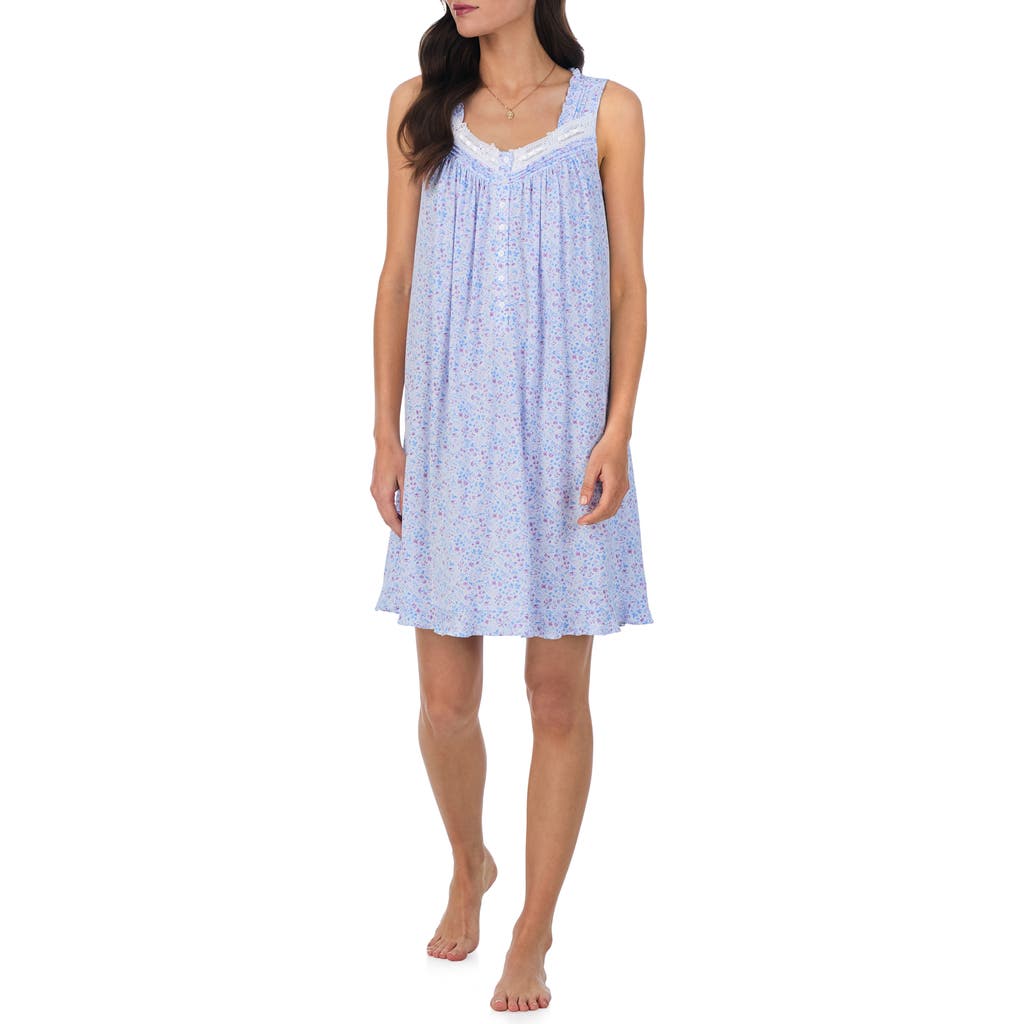 Eileen West Floral Sleeveless Short Jersey Nightgown In Blue Print