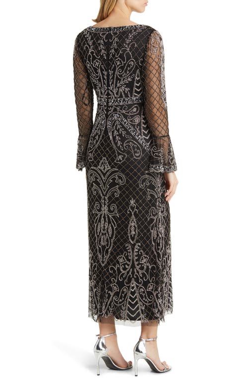 Shop Pisarro Nights Beaded Long Sleeve Gown In Black/silver 013