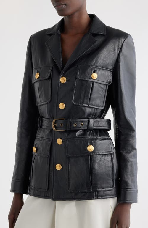 Shop Chloé Belted Leather Jacket In Black