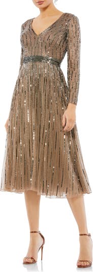 Mac Duggal Sequin Stripe Long Sleeve A-Line Dress | Nordstrom