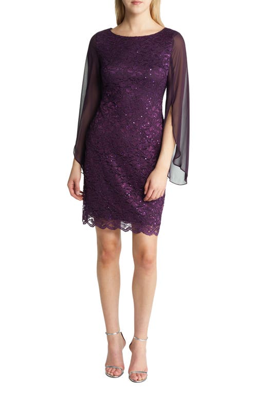 Women's Cape Long Sleeve Lace Cocktail Dress in Aubergine
