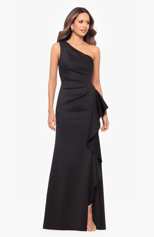 Xscape Evenings One-shoulder Ruffle Scuba Crepe Gown In Black