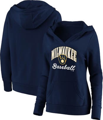 Women's Fanatics Branded Navy/White Milwaukee Brewers Even Match Lace-Up Long Sleeve V-Neck T-Shirt