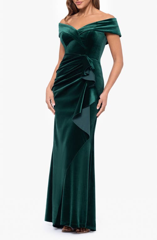 Xscape Evenings Ruffle Off The Shoulder Stretch Velvet Gown In Hunter