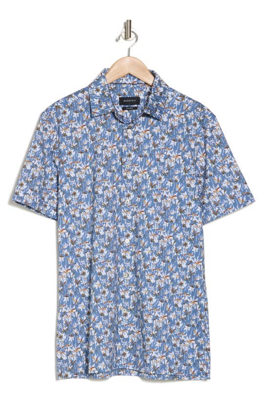 Bugatchi Trim Fit Palm Print Short Sleeve Stretch Cotton Button-up Shirt In Air Blue